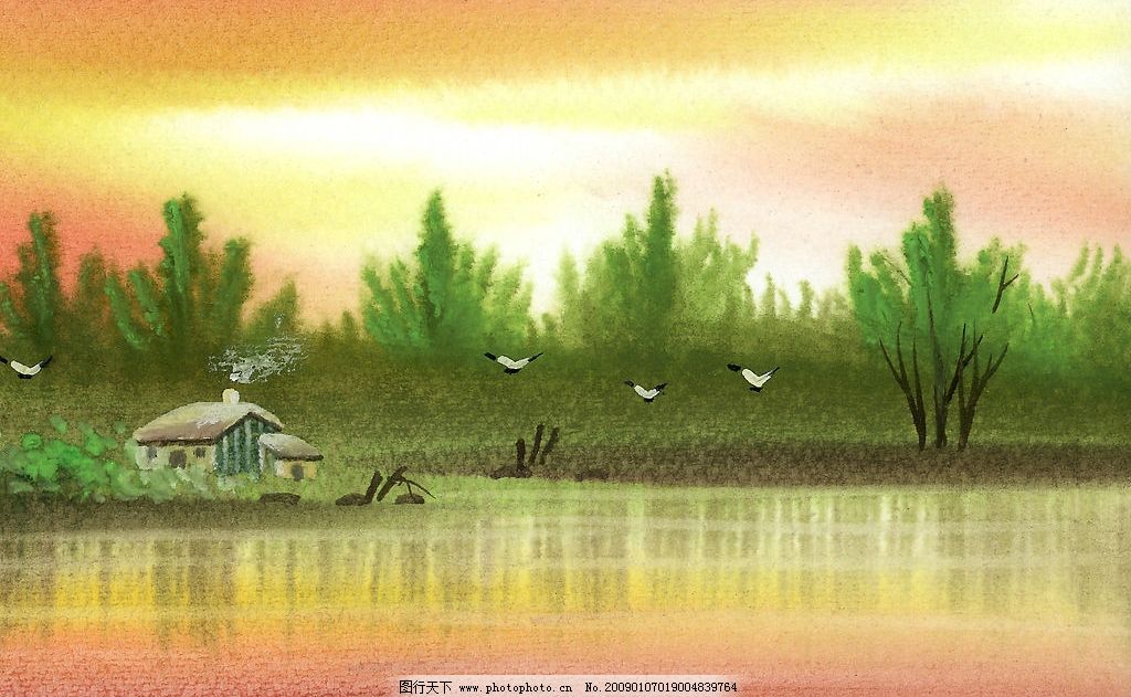 高精度水彩意境图 水彩画 鸟 意境 高精度 草地 美术 绘画 树木 河流 天空 房子 石头 文化艺术 绘画书法 水彩 素材 设计图库 540DPI JPG