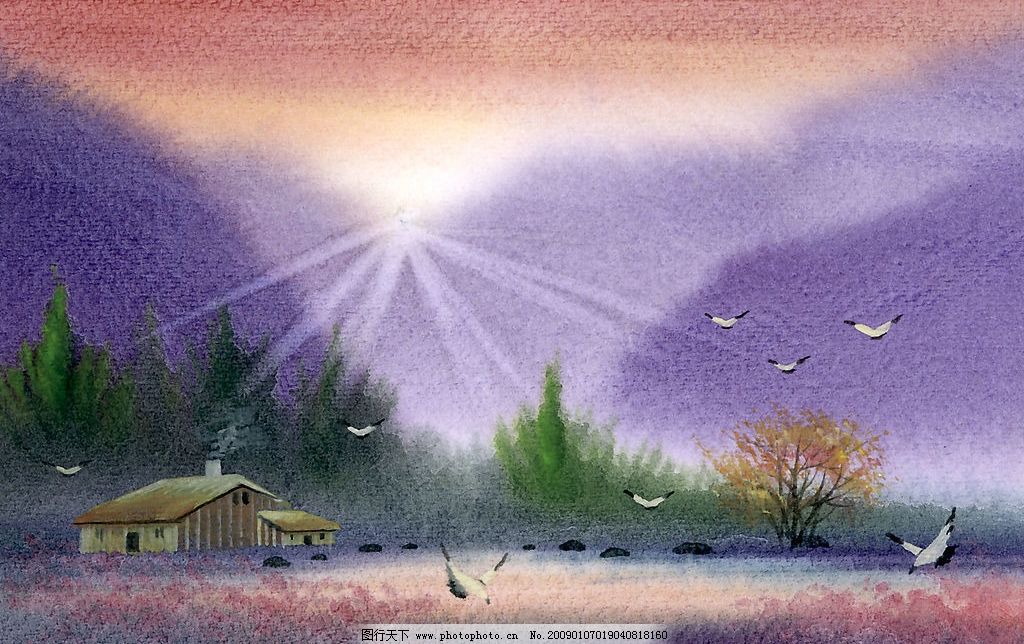 高精度水彩意境图 水彩画 鸟 意境 高精度 草地 美术 绘画 树木 河流 天空 房子 石头 文化艺术 绘画书法 水彩 素材 设计图库 460DPI JPG