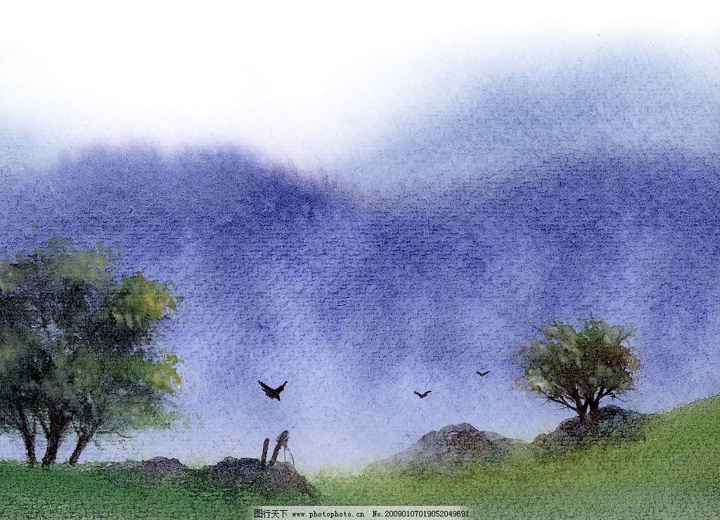高精度水彩意境图 水彩画 鸟 意境 高精度 草地 美术 绘画 树木 河流 天空 房子 石头 文化艺术 绘画书法 水彩 素材 设计图库 540DPI JPG